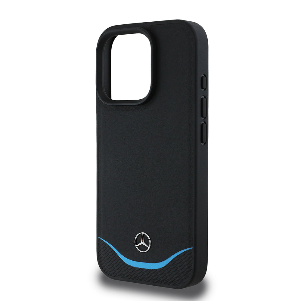 Apple iPhone 16 Pro Max Kılıf Mercedes Benz Orjinal Lisanslı M-safe Şarj Özellikli 3D Metal Logolu Mavi Yatay Eğri Çizgili Deri Kapak