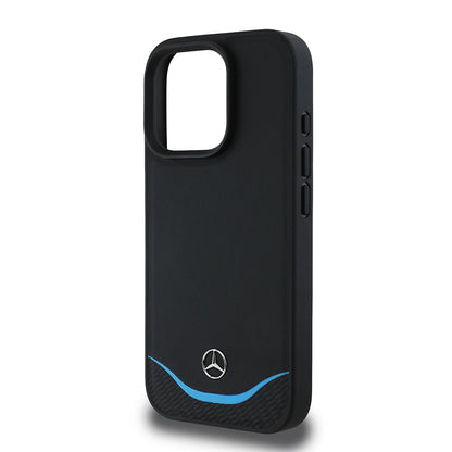 Apple iPhone 16 Pro Max Kılıf Mercedes Benz Orjinal Lisanslı M-safe Şarj Özellikli 3D Metal Logolu Mavi Yatay Eğri Çizgili Deri Kapak