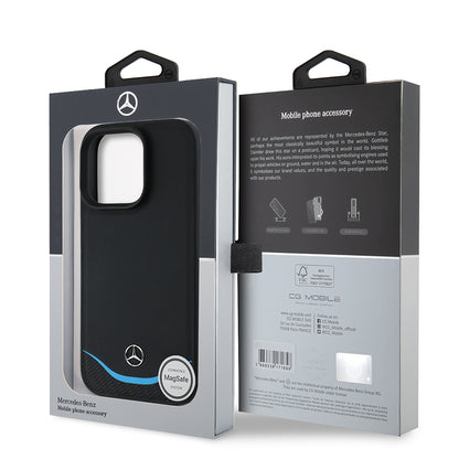 Apple iPhone 16 Pro Max Kılıf Mercedes Benz Orjinal Lisanslı M-safe Şarj Özellikli 3D Metal Logolu Mavi Yatay Eğri Çizgili Deri Kapak