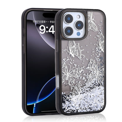 Apple iPhone 16 Pro Max Kılıf Sıvılı Simli Kelebek Baskılı Şeffaf Arka Yüzey Zore Glis Silikon Kapak