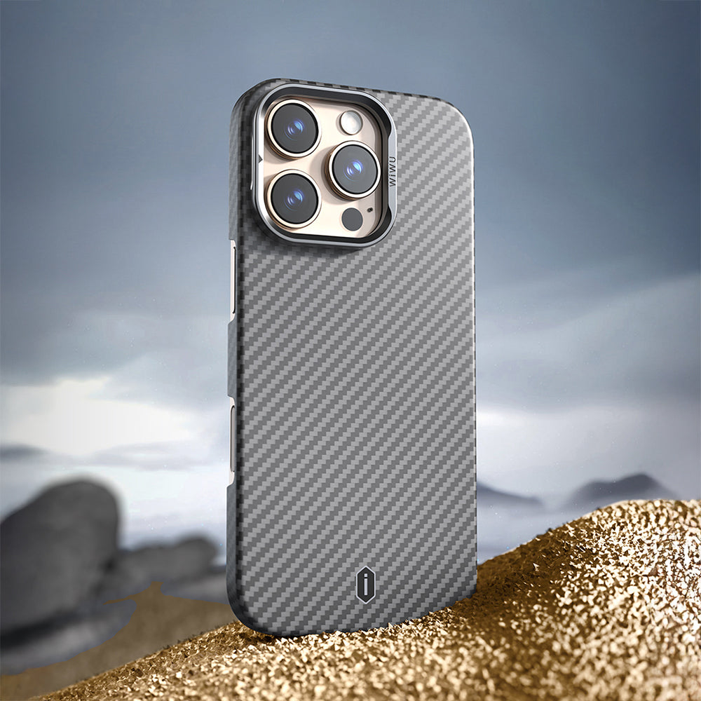 Apple iPhone 16 Pro Max Kılıf Wiwu DCC-206 M-safe Şarj Özellikli Kamera Standlı Aramid Fiber Tasarım Kapak
