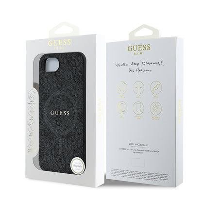 Apple iPhone 16E Kılıf Guess Orjinal Lisanslı M-safe Şarj Özellikli PU Halkalı 4G Desenli Yazı Logolu Kapak