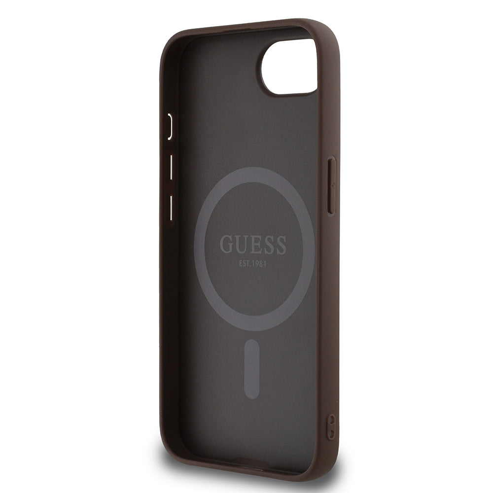 Apple iPhone 16E Kılıf Guess Orjinal Lisanslı M-safe Şarj Özellikli PU Üçgen Logo 4G Desenli Kapak