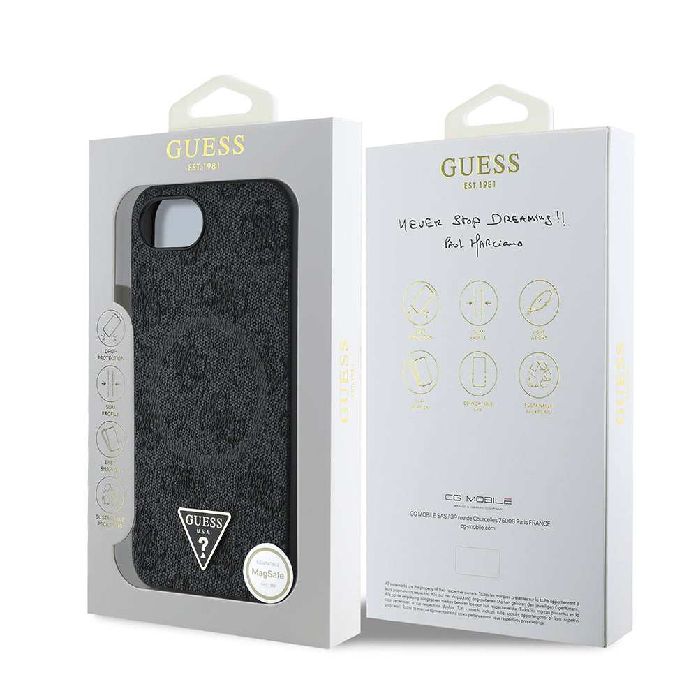Apple iPhone 16E Kılıf Guess Orjinal Lisanslı M-safe Şarj Özellikli PU Üçgen Logo 4G Desenli Kapak
