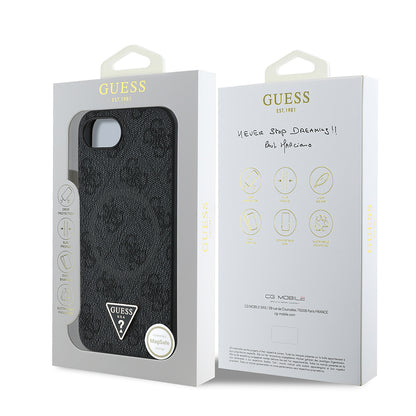Apple iPhone 16E Kılıf Guess Orjinal Lisanslı M-safe Şarj Özellikli PU Üçgen Logo 4G Desenli Kapak
