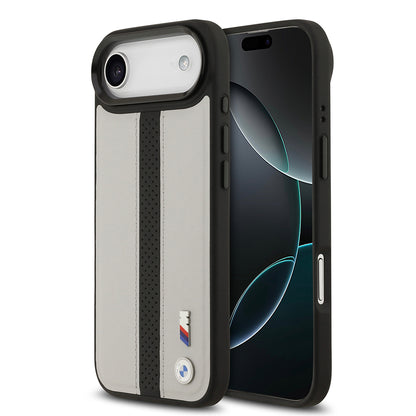 Apple iPhone 17 Air Kılıf BMW Orjinal Lisanslı M-safe Şarj Özellikli Deri Arka Yüzey Metal Logolu Delikli Şerit Tasarımlı Kapak