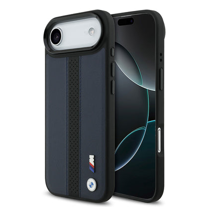 Apple iPhone 17 Air Kılıf BMW Orjinal Lisanslı M-safe Şarj Özellikli Deri Arka Yüzey Metal Logolu Delikli Şerit Tasarımlı Kapak
