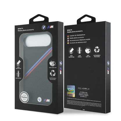 Apple iPhone 17 Air Kılıf BMW Orjinal Lisanslı M-safe Şarj Özellikli M Logolu Üç Şeritli Delikli Deri Kapak