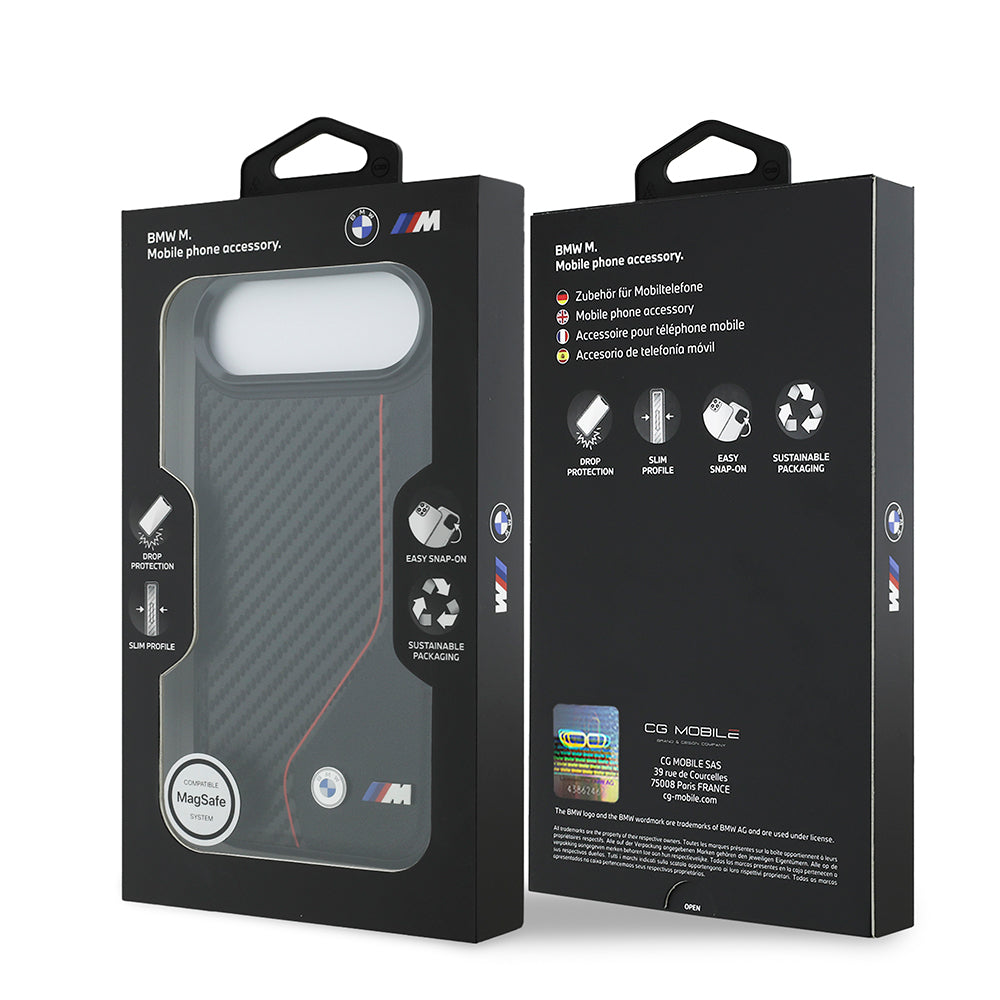 Apple iPhone 17 Air Kılıf BMW Orjinal Lisanslı M-safe Şarj Özellikli Metal BMW ve M Logolu PU Karbon Tasarımlı Kapak