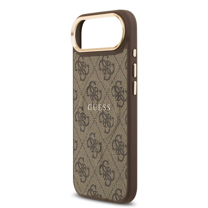 Apple iPhone 17 Air Kılıf Guess Orjinal Lisanslı M-safe Şarj Özellikli Gold Metal Kamera Çerçeveli PU Deri 4G Desenli Yazı Logolu Kapak