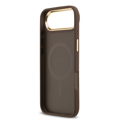 Apple iPhone 17 Air Kılıf Guess Orjinal Lisanslı M-safe Şarj Özellikli Gold Metal Kamera Çerçeveli PU Deri 4G Desenli Yazı Logolu Kapak