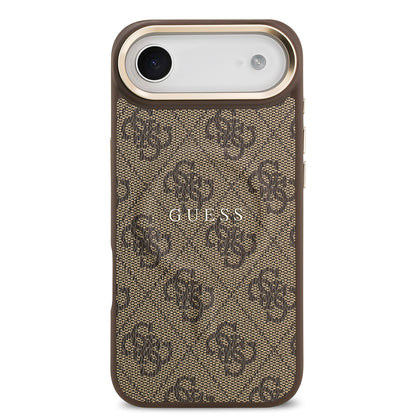 Apple iPhone 17 Air Kılıf Guess Orjinal Lisanslı M-safe Şarj Özellikli Gold Metal Kamera Çerçeveli PU Deri 4G Desenli Yazı Logolu Kapak