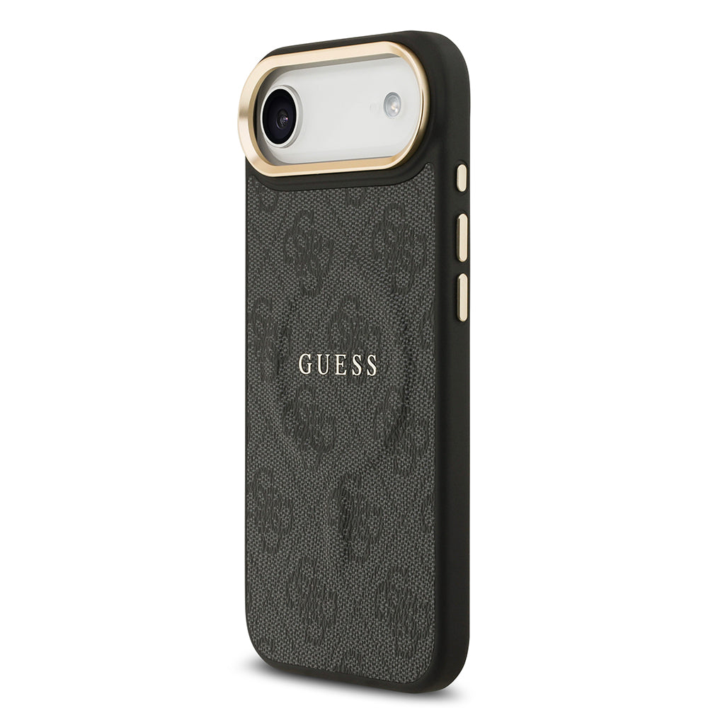 Apple iPhone 17 Air Kılıf Guess Orjinal Lisanslı M-safe Şarj Özellikli Gold Metal Kamera Çerçeveli PU Deri 4G Desenli Yazı Logolu Kapak