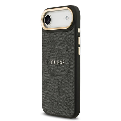 Apple iPhone 17 Air Kılıf Guess Orjinal Lisanslı M-safe Şarj Özellikli Gold Metal Kamera Çerçeveli PU Deri 4G Desenli Yazı Logolu Kapak