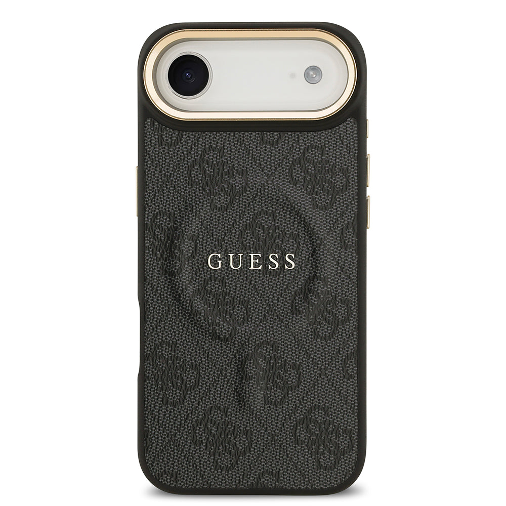 Apple iPhone 17 Air Kılıf Guess Orjinal Lisanslı M-safe Şarj Özellikli Gold Metal Kamera Çerçeveli PU Deri 4G Desenli Yazı Logolu Kapak