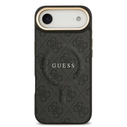 Apple iPhone 17 Air Kılıf Guess Orjinal Lisanslı M-safe Şarj Özellikli Gold Metal Kamera Çerçeveli PU Deri 4G Desenli Yazı Logolu Kapak