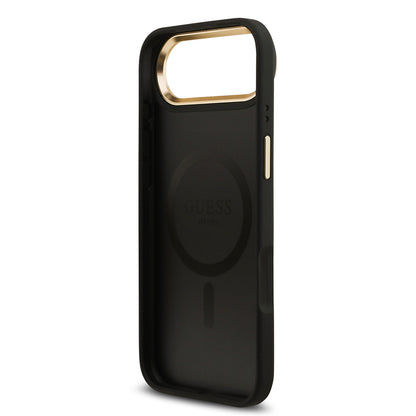 Apple iPhone 17 Air Kılıf Guess Orjinal Lisanslı M-safe Şarj Özellikli Gold Metal Kamera Çerçeveli PU Deri 4G Desenli Yazı Logolu Kapak