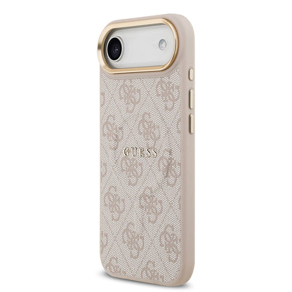 Apple iPhone 17 Air Kılıf Guess Orjinal Lisanslı M-safe Şarj Özellikli Gold Metal Kamera Çerçeveli PU Deri 4G Desenli Yazı Logolu Kapak