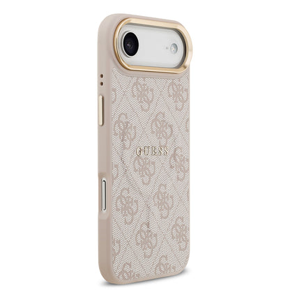 Apple iPhone 17 Air Kılıf Guess Orjinal Lisanslı M-safe Şarj Özellikli Gold Metal Kamera Çerçeveli PU Deri 4G Desenli Yazı Logolu Kapak