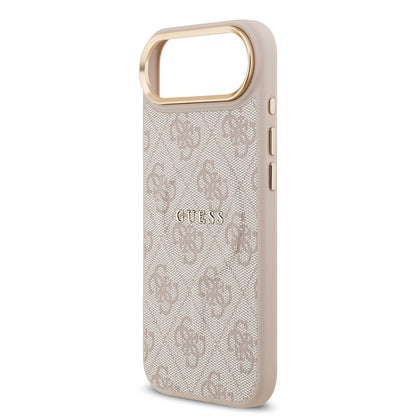 Apple iPhone 17 Air Kılıf Guess Orjinal Lisanslı M-safe Şarj Özellikli Gold Metal Kamera Çerçeveli PU Deri 4G Desenli Yazı Logolu Kapak