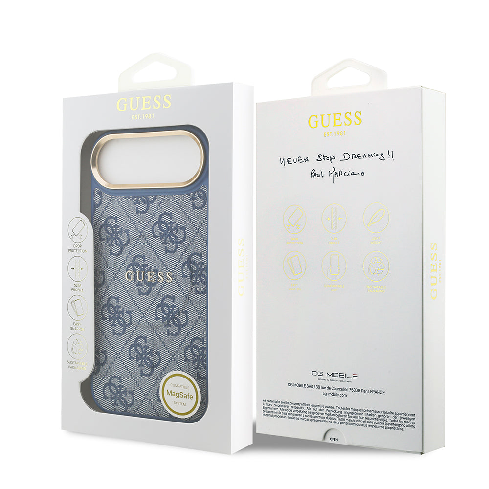 Apple iPhone 17 Air Kılıf Guess Orjinal Lisanslı M-safe Şarj Özellikli Gold Metal Kamera Çerçeveli PU Deri 4G Desenli Yazı Logolu Kapak