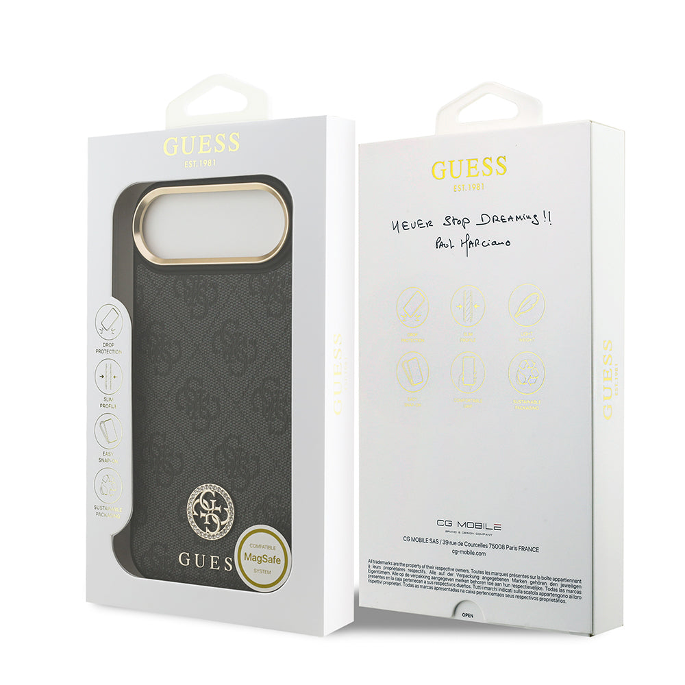 Apple iPhone 17 Air Kılıf Guess Orjinal Lisanslı M-safe Şarj Özellikli Gold Metal Kamera Çerçeveli Taşlı 4G Logolu Kapak