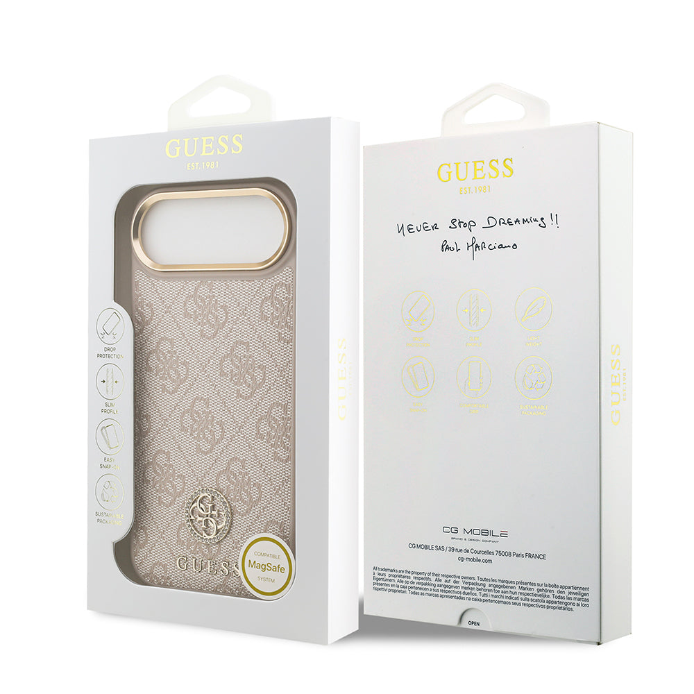 Apple iPhone 17 Air Kılıf Guess Orjinal Lisanslı M-safe Şarj Özellikli Gold Metal Kamera Çerçeveli Taşlı 4G Logolu Kapak