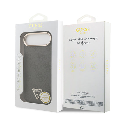 Apple iPhone 17 Air Kılıf Guess Orjinal Lisanslı M-safe Şarj Özellikli Gold Metal Kamera Çerçeveli Taşlı Üçgen Logo 4G Desenli Kapak
