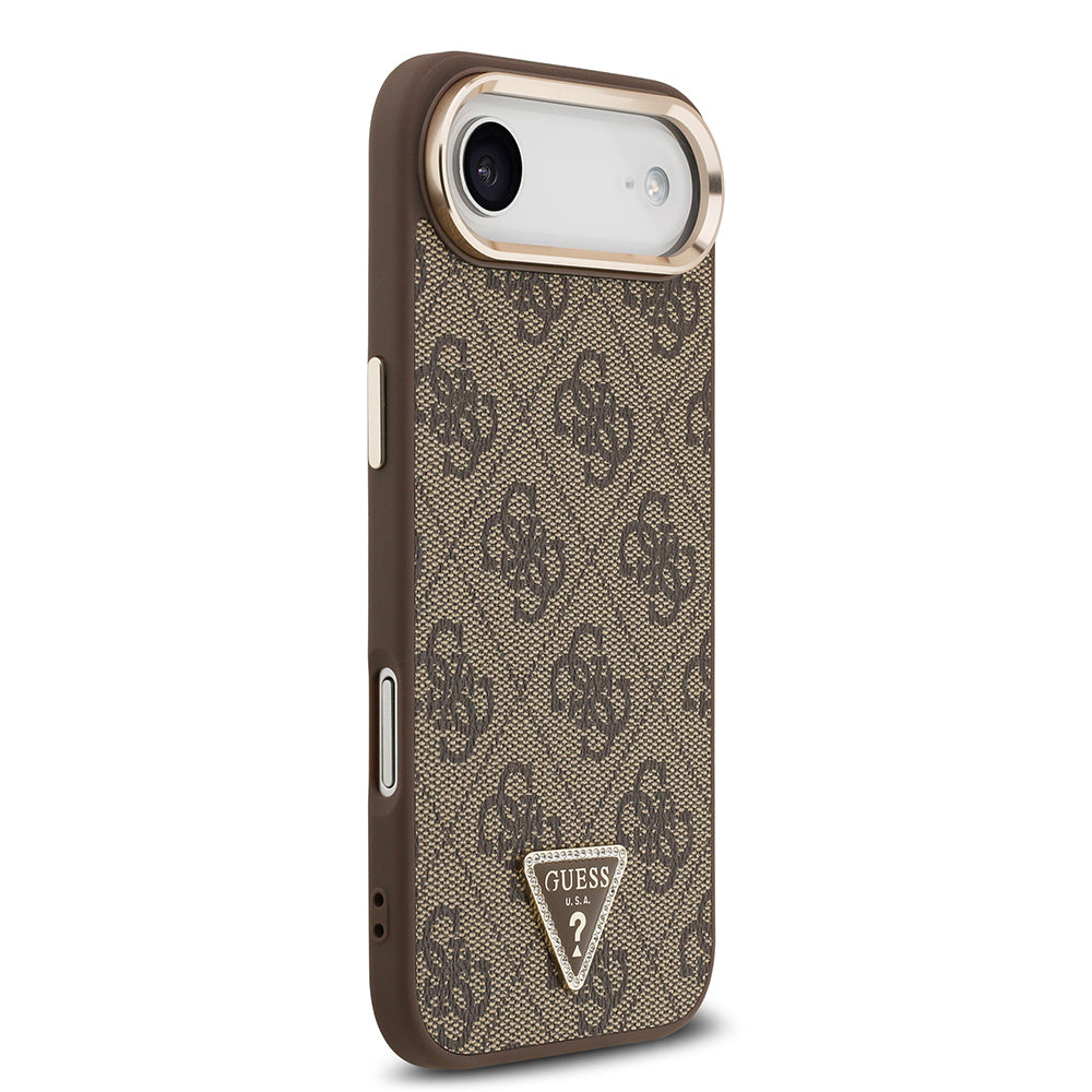 Apple iPhone 17 Air Kılıf Guess Orjinal Lisanslı M-safe Şarj Özellikli Gold Metal Kamera Çerçeveli Taşlı Üçgen Logo 4G Desenli Kapak