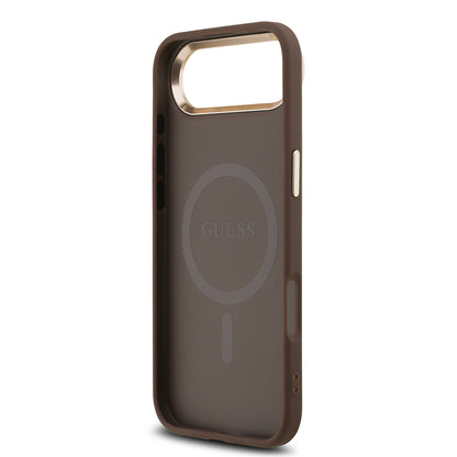 Apple iPhone 17 Air Kılıf Guess Orjinal Lisanslı M-safe Şarj Özellikli Gold Metal Kamera Çerçeveli Taşlı Üçgen Logo 4G Desenli Kapak