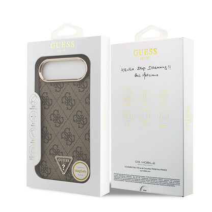 Apple iPhone 17 Air Kılıf Guess Orjinal Lisanslı M-safe Şarj Özellikli Gold Metal Kamera Çerçeveli Taşlı Üçgen Logo 4G Desenli Kapak