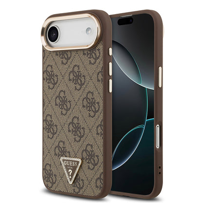 Apple iPhone 17 Air Kılıf Guess Orjinal Lisanslı M-safe Şarj Özellikli Gold Metal Kamera Çerçeveli Taşlı Üçgen Logo 4G Desenli Kapak