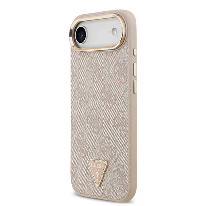 Apple iPhone 17 Air Kılıf Guess Orjinal Lisanslı M-safe Şarj Özellikli Gold Metal Kamera Çerçeveli Taşlı Üçgen Logo 4G Desenli Kapak