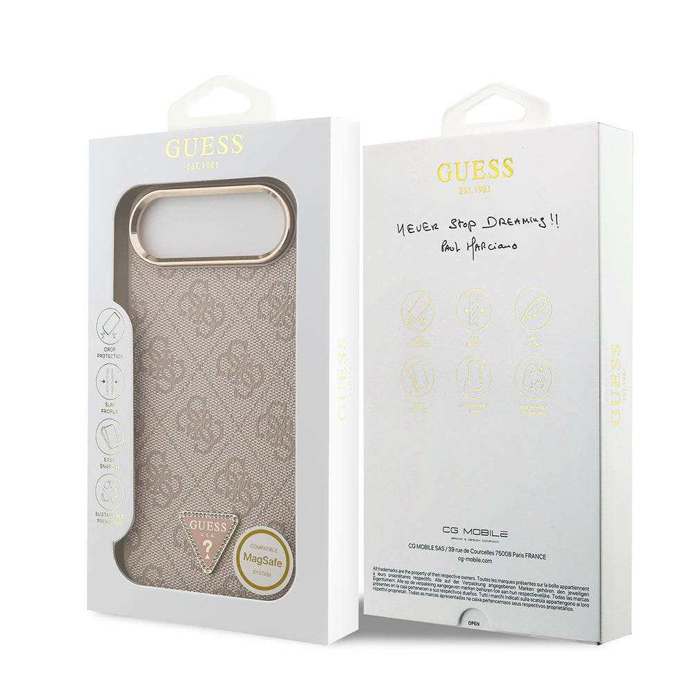 Apple iPhone 17 Air Kılıf Guess Orjinal Lisanslı M-safe Şarj Özellikli Gold Metal Kamera Çerçeveli Taşlı Üçgen Logo 4G Desenli Kapak