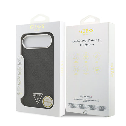 Apple iPhone 17 Air Kılıf Guess Orjinal Lisanslı M-safe Şarj Özellikli Gümüş Metal Kamera Çerçeveli Üçgen Logo 4G Desenli Kapak