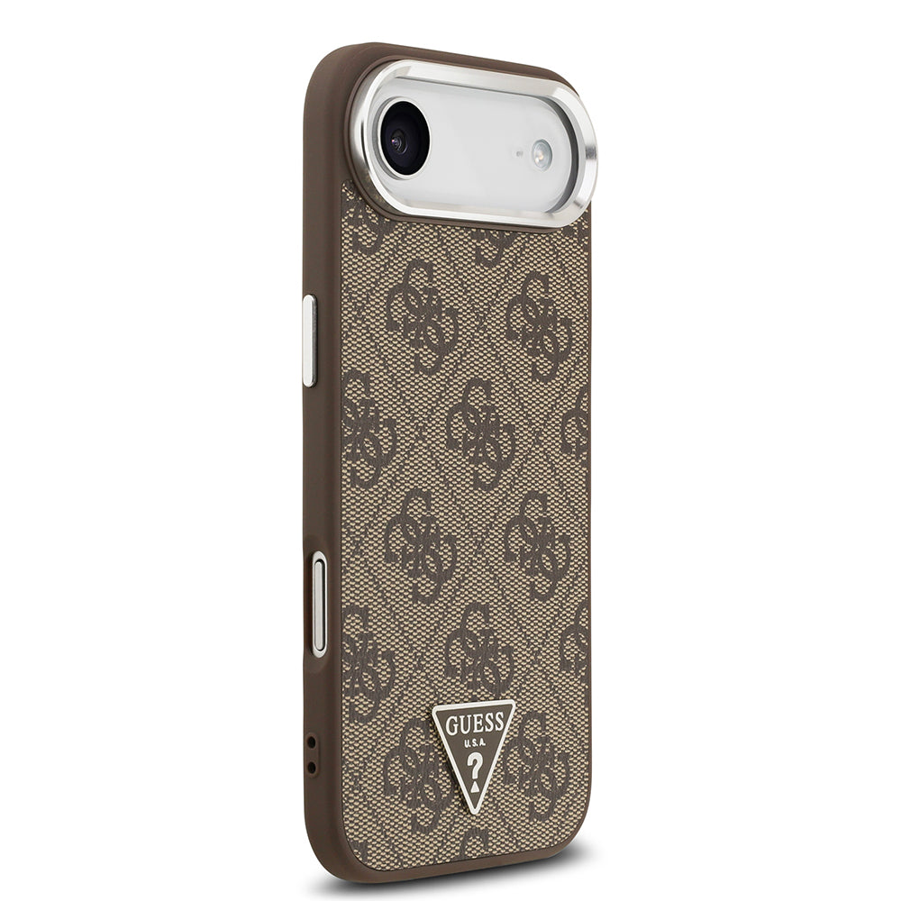 Apple iPhone 17 Air Kılıf Guess Orjinal Lisanslı M-safe Şarj Özellikli Gümüş Metal Kamera Çerçeveli Üçgen Logo 4G Desenli Kapak