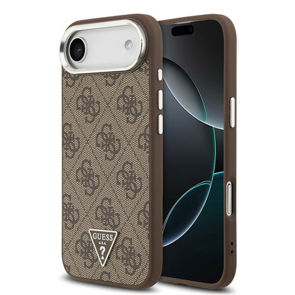 Apple iPhone 17 Air Kılıf Guess Orjinal Lisanslı M-safe Şarj Özellikli Gümüş Metal Kamera Çerçeveli Üçgen Logo 4G Desenli Kapak