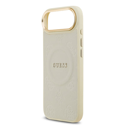 Apple iPhone 17 Air Kılıf Guess Orjinal Lisanslı M-safe Şarj Özellikli Sıcak Baskılı Yazı Logolu PU Deri Peony Kapak