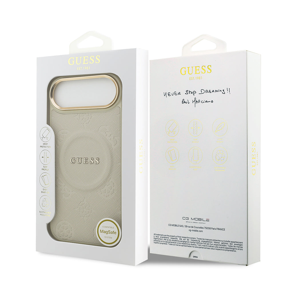 Apple iPhone 17 Air Kılıf Guess Orjinal Lisanslı M-safe Şarj Özellikli Sıcak Baskılı Yazı Logolu PU Deri Peony Kapak