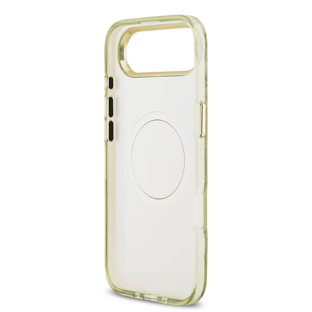 Apple iPhone 17 Air Kılıf Guess Orjinal Lisanslı M-safe Şarj Özellikli Simli Çiçek Desenli Metal Kamera Çerçeveli Üçgen Logolu Kapak