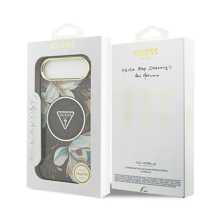 Apple iPhone 17 Air Kılıf Guess Orjinal Lisanslı M-safe Şarj Özellikli Simli Çiçek Desenli Metal Kamera Çerçeveli Üçgen Logolu Kapak