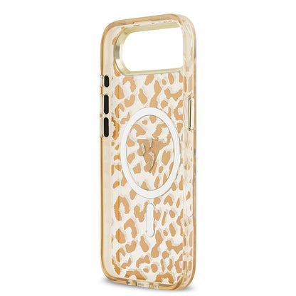 Apple iPhone 17 Air Kılıf Guess Orjinal Lisanslı M-safe Şarj Özellikli Üçgen Logolu Simli Leopar Desenli Kapak