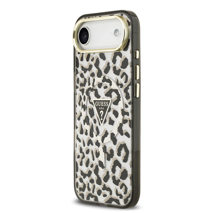 Apple iPhone 17 Air Kılıf Guess Orjinal Lisanslı M-safe Şarj Özellikli Üçgen Logolu Simli Leopar Desenli Kapak