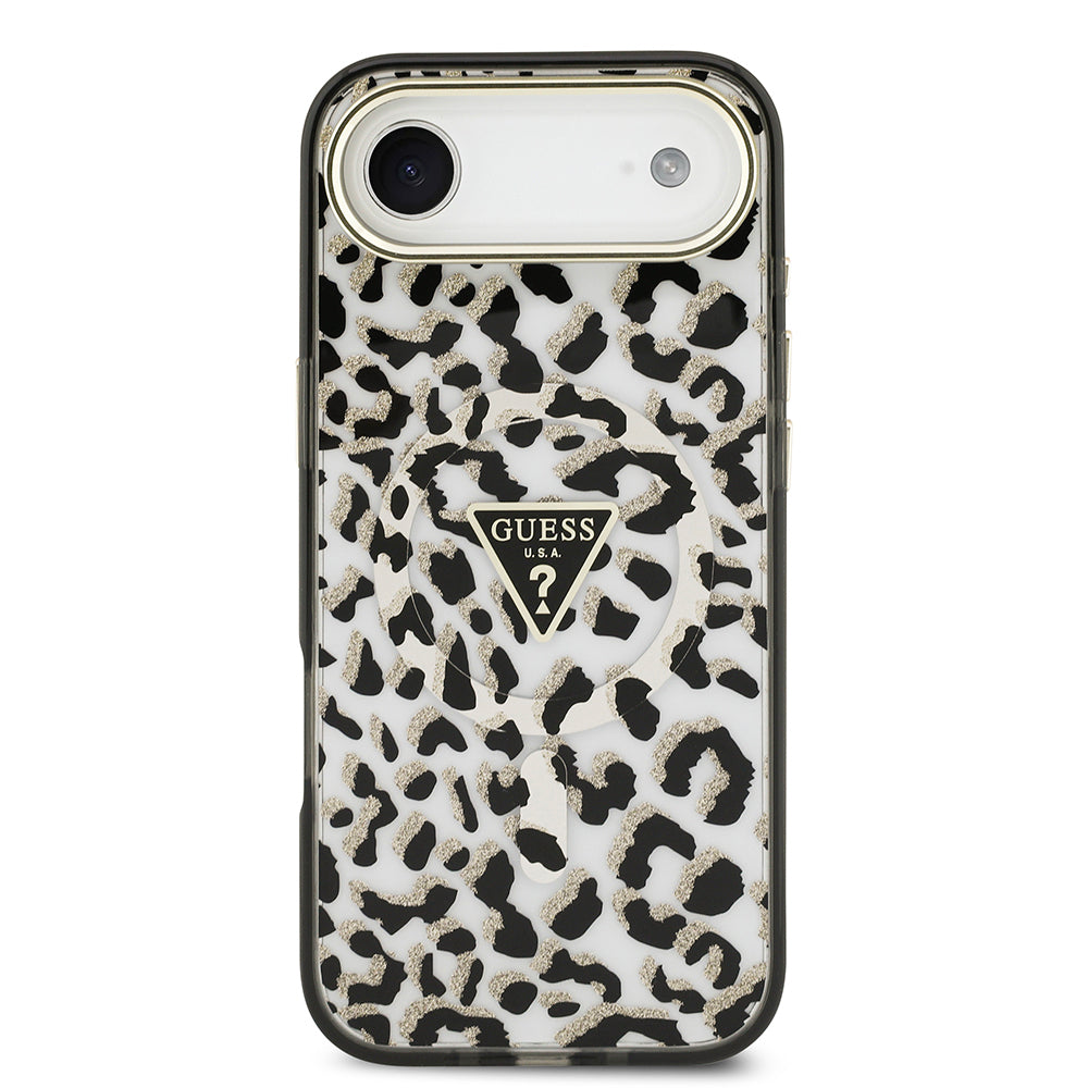 Apple iPhone 17 Air Kılıf Guess Orjinal Lisanslı M-safe Şarj Özellikli Üçgen Logolu Simli Leopar Desenli Kapak