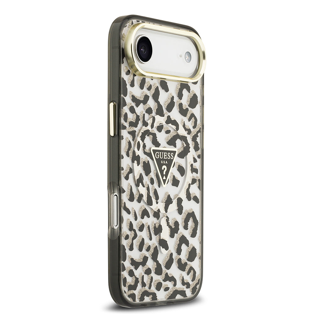 Apple iPhone 17 Air Kılıf Guess Orjinal Lisanslı M-safe Şarj Özellikli Üçgen Logolu Simli Leopar Desenli Kapak