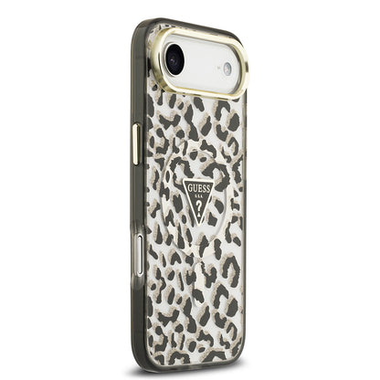 Apple iPhone 17 Air Kılıf Guess Orjinal Lisanslı M-safe Şarj Özellikli Üçgen Logolu Simli Leopar Desenli Kapak