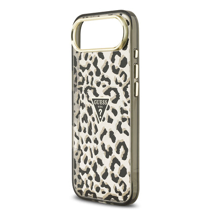 Apple iPhone 17 Air Kılıf Guess Orjinal Lisanslı M-safe Şarj Özellikli Üçgen Logolu Simli Leopar Desenli Kapak