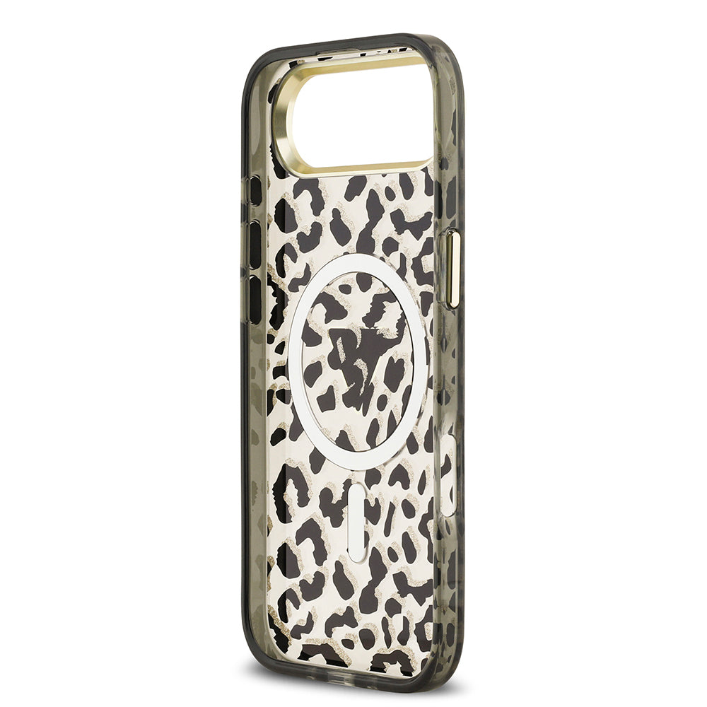 Apple iPhone 17 Air Kılıf Guess Orjinal Lisanslı M-safe Şarj Özellikli Üçgen Logolu Simli Leopar Desenli Kapak