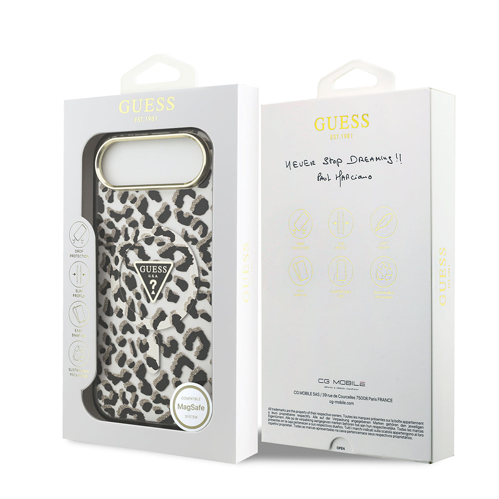 Apple iPhone 17 Air Kılıf Guess Orjinal Lisanslı M-safe Şarj Özellikli Üçgen Logolu Simli Leopar Desenli Kapak