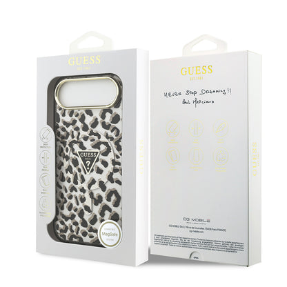 Apple iPhone 17 Air Kılıf Guess Orjinal Lisanslı M-safe Şarj Özellikli Üçgen Logolu Simli Leopar Desenli Kapak